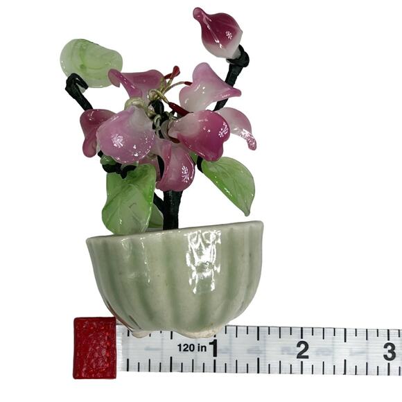 Asian Glass Bonsai Shell Flower Tree Jade Green Planter Pot Pink Green - Picture 9 of 10